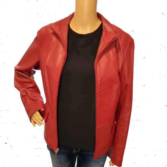 Kenneth Cole Reaction Red Leather Moto Jacket - Picture 2 of 8